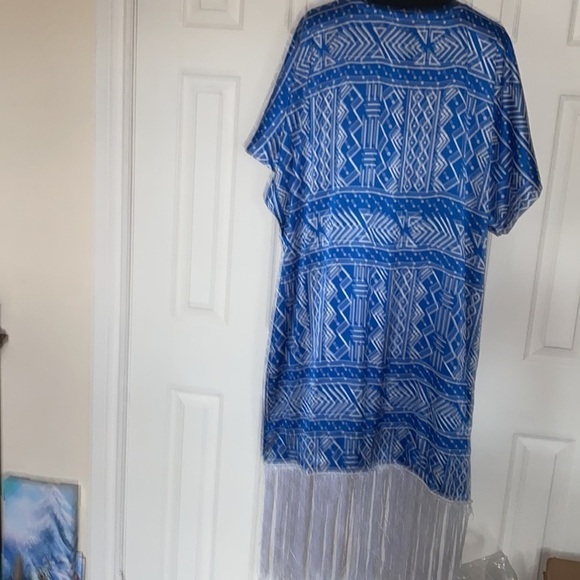 Adam Couture luxury  silky blue white urban print fringe maxi kaftan dress - Picture 5 of 12